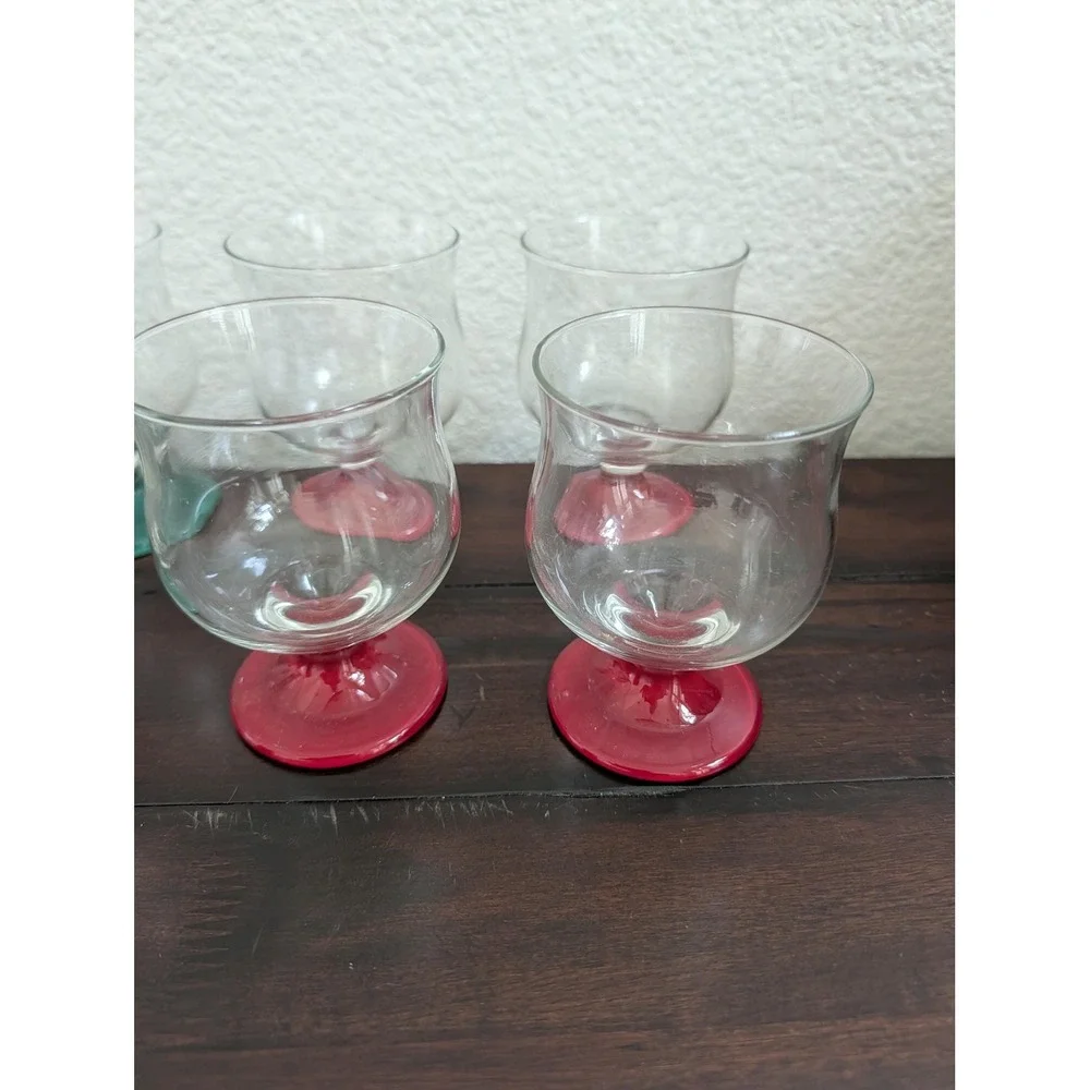 Vtg Luminarc France Colored Base Tulip Glasses Lot of 8 Red Green Pedestal Rare